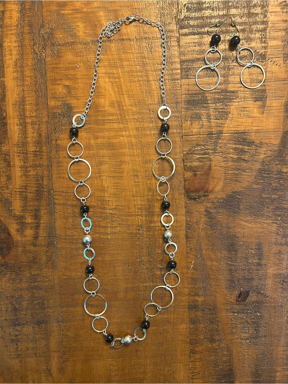 Silver-Tone Black Bead Long Necklace with Matching Earrings